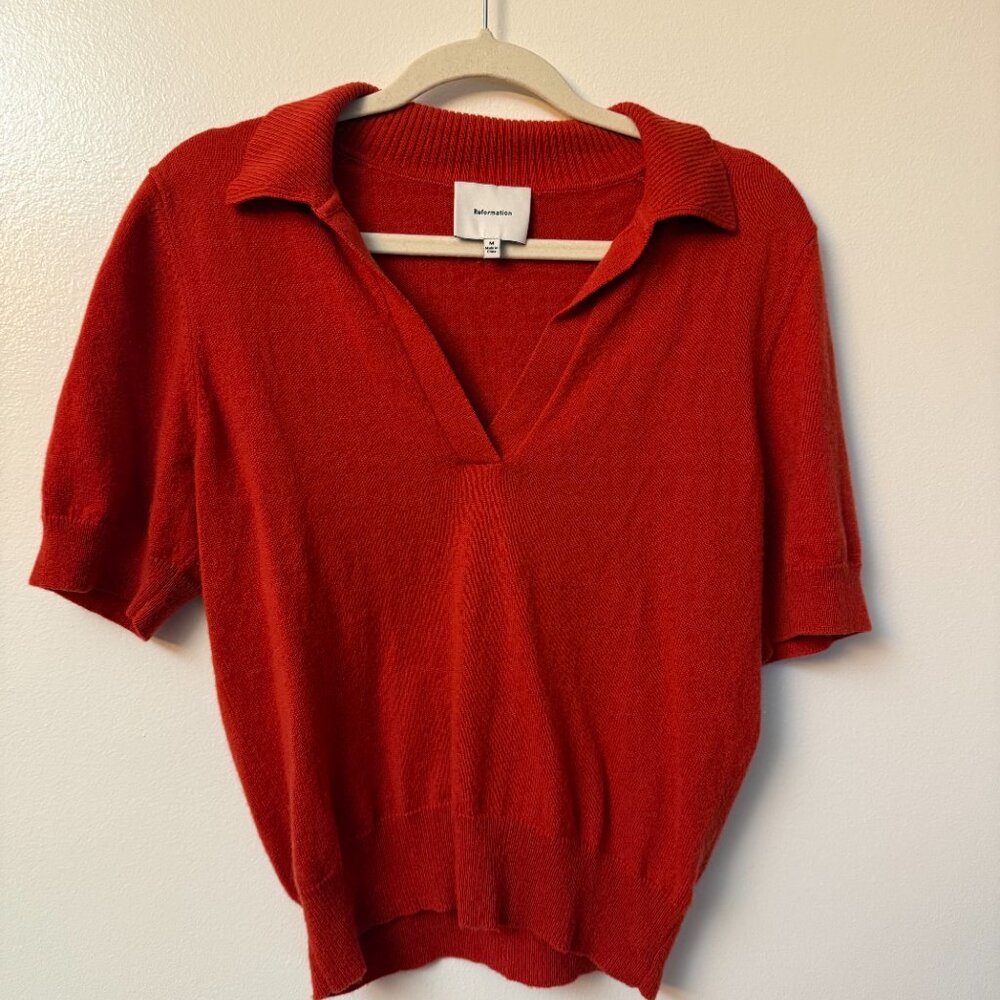 Reformation Louise Cashmere Polo Sweater Red - Size M - Picture 2 of 6